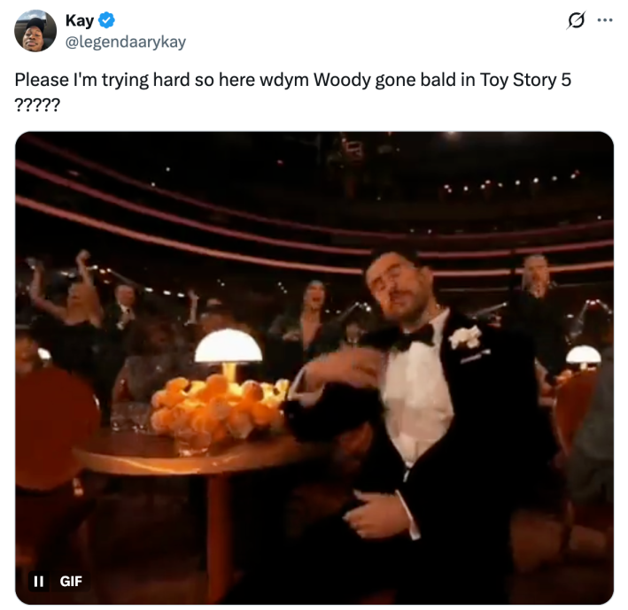 Please I'm trying hard so here wdym Woody gone bald in Toy Story 5 ?????