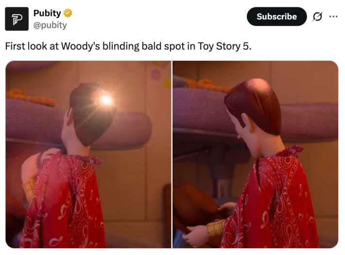First look at Woody's blinding bald spot in Toy Story 5.