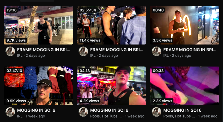 videos thumbnails with "mogging" in all of the titles