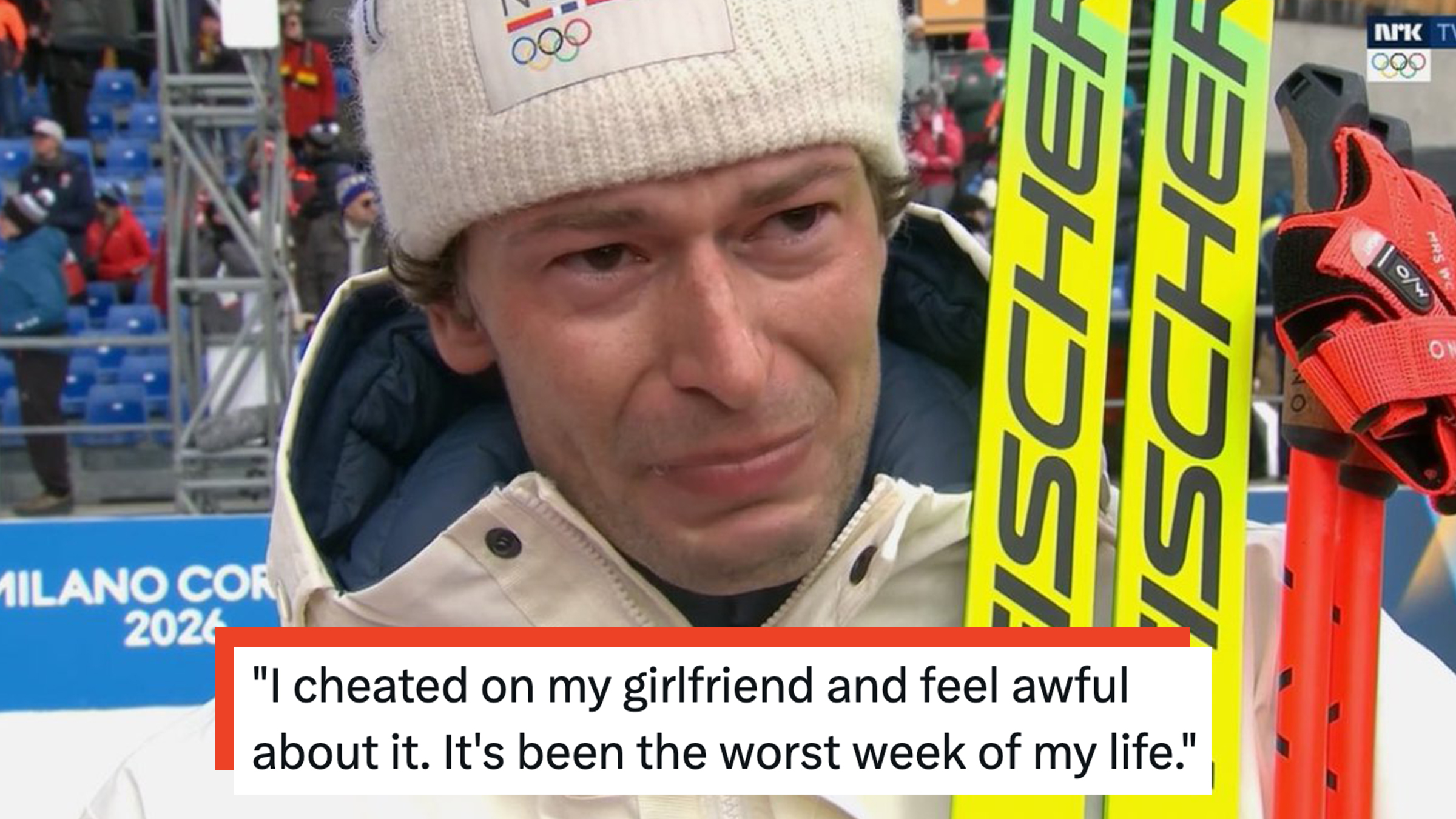 Norwegian Olympic biathlete Sturla Holm Lægreid holding his skis and speaking to the camera in a post-race interview. Text overlay reads, ""I cheated on my girlfriend and feel awful about it. It's been the worst week of my life."