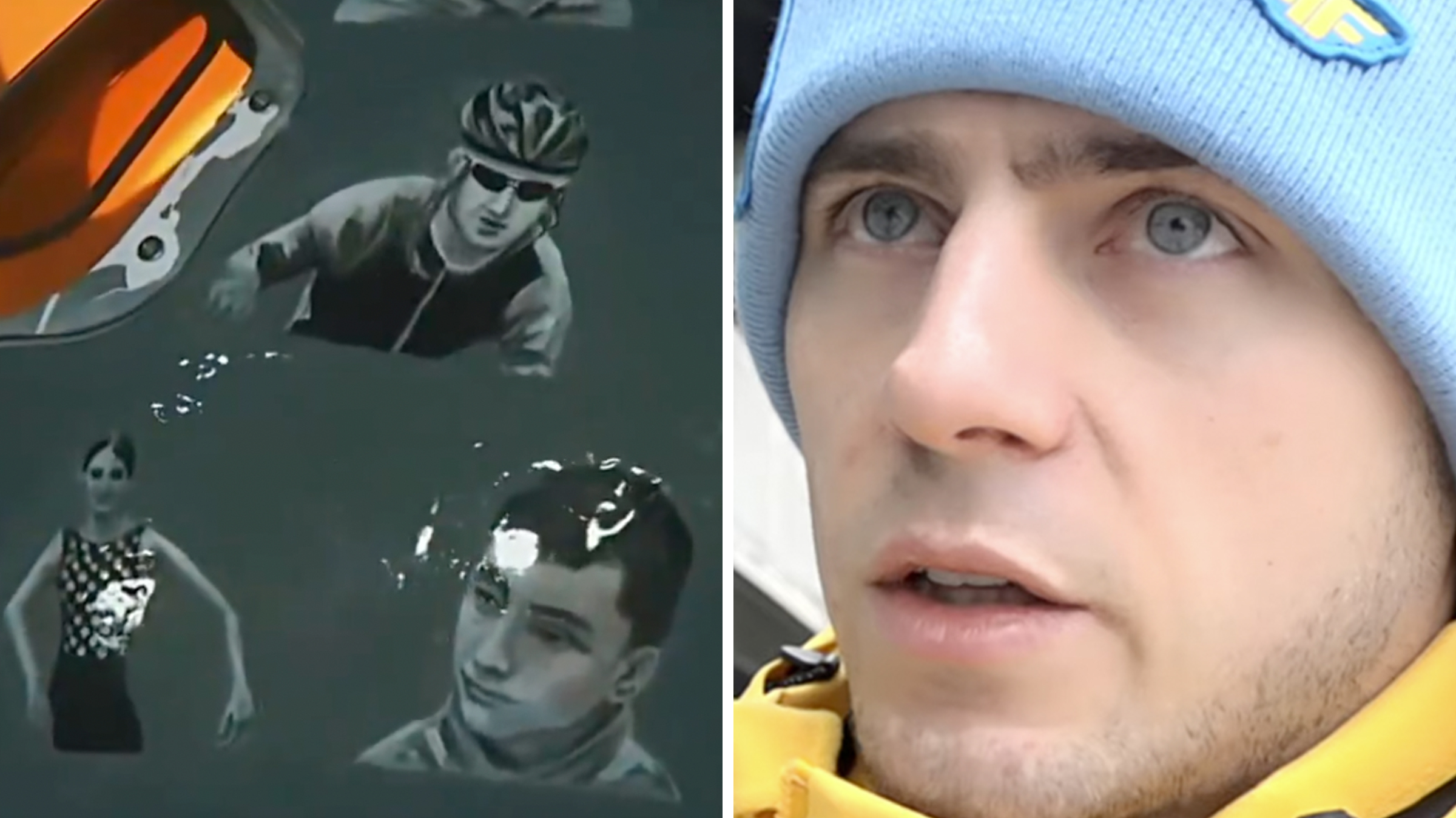 Left: Close up of dark gray helmet with slain athletes depicted on it. Right: Ukrainian skeleton racer Vladyslav Heraskevych.