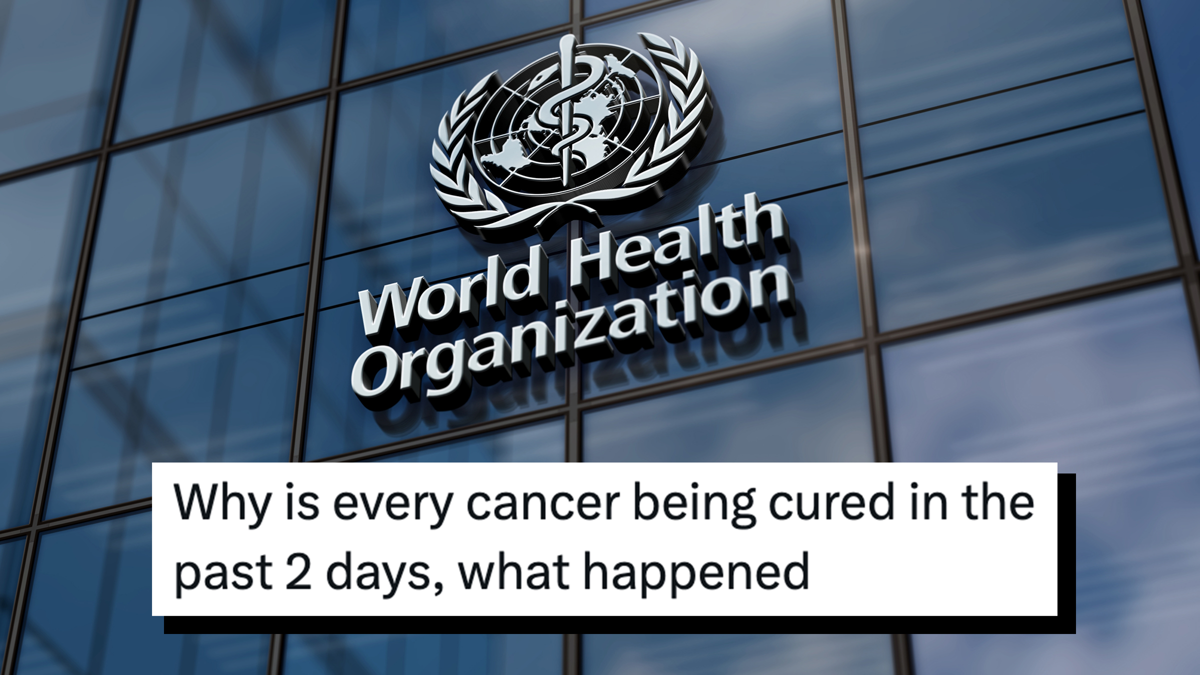 WHO World Health Organization headquarters glass building. Tweet text overlay reads, "Why is every cancer being cured in the past 2 days, what happened."