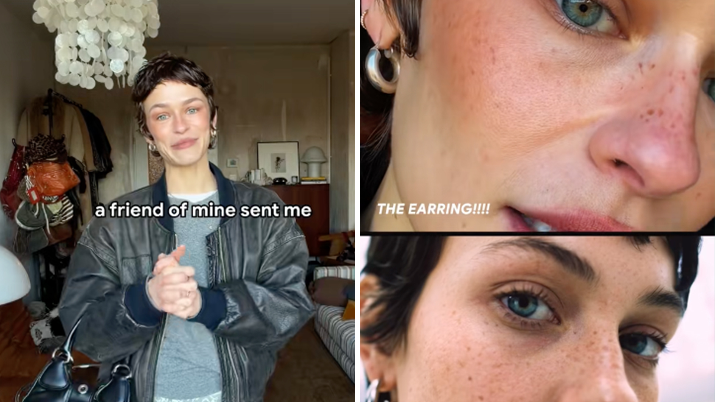 Young woman comparing model photo of herself with AI-generated ad of her face.