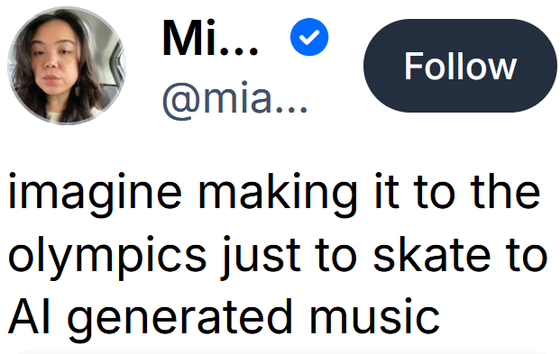 Bluesky post reading "imagine making it to the olympics just to skate to AI generated music"