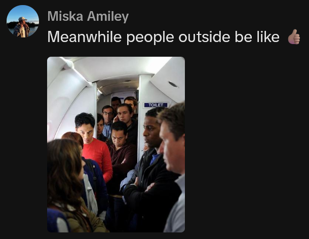 TikTok comment reading "Meanwhile people outside be like" with a photo of people lined up on a plane.