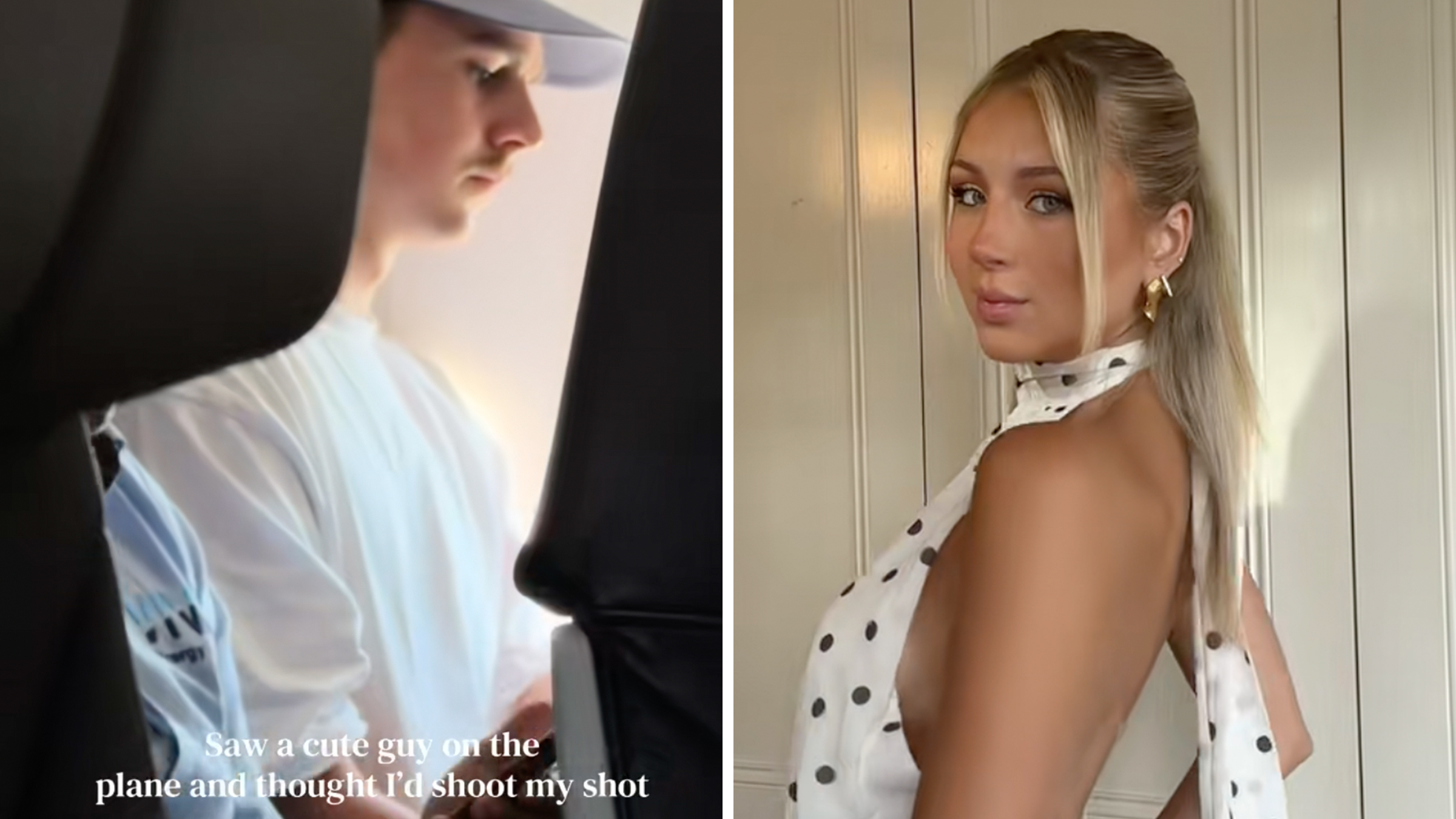Left: Screenshot of a TikTok showing a young man in a ball cap and white shirt sitting in the window seat of an airplane, text overlay reads, "Saw a cute guy on the plane and thought I'd shoot my shot." Right: Young blonde woman in a polka dot halter dress.