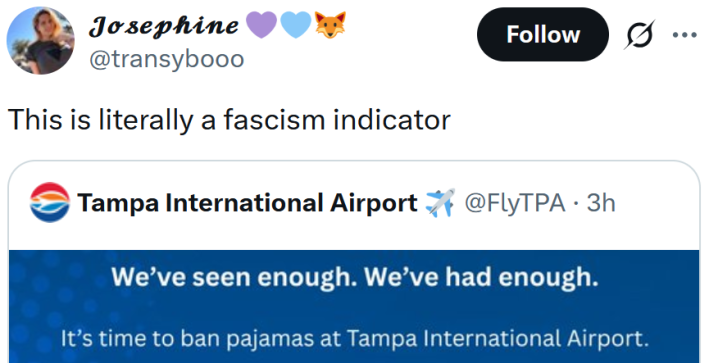 Tweet reading "This is literally a fascism indicator"