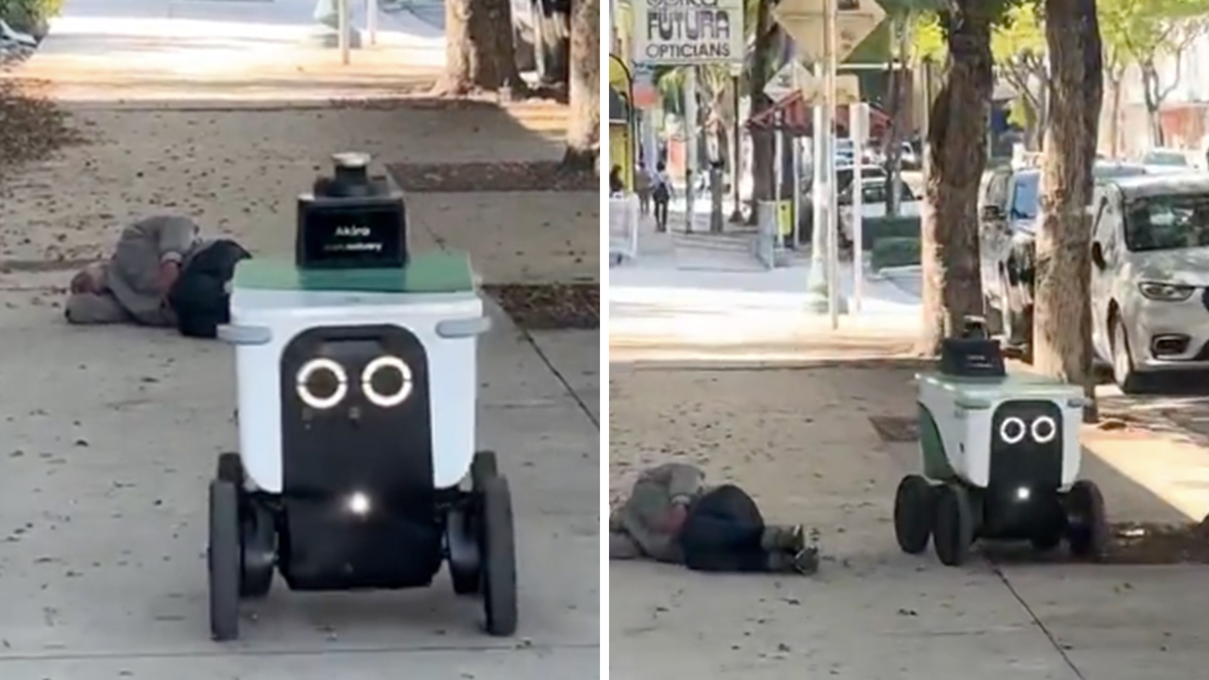 Food delivery robot "Akira" seen wheeling around a homeless man laying on the sidewalk in Miami.