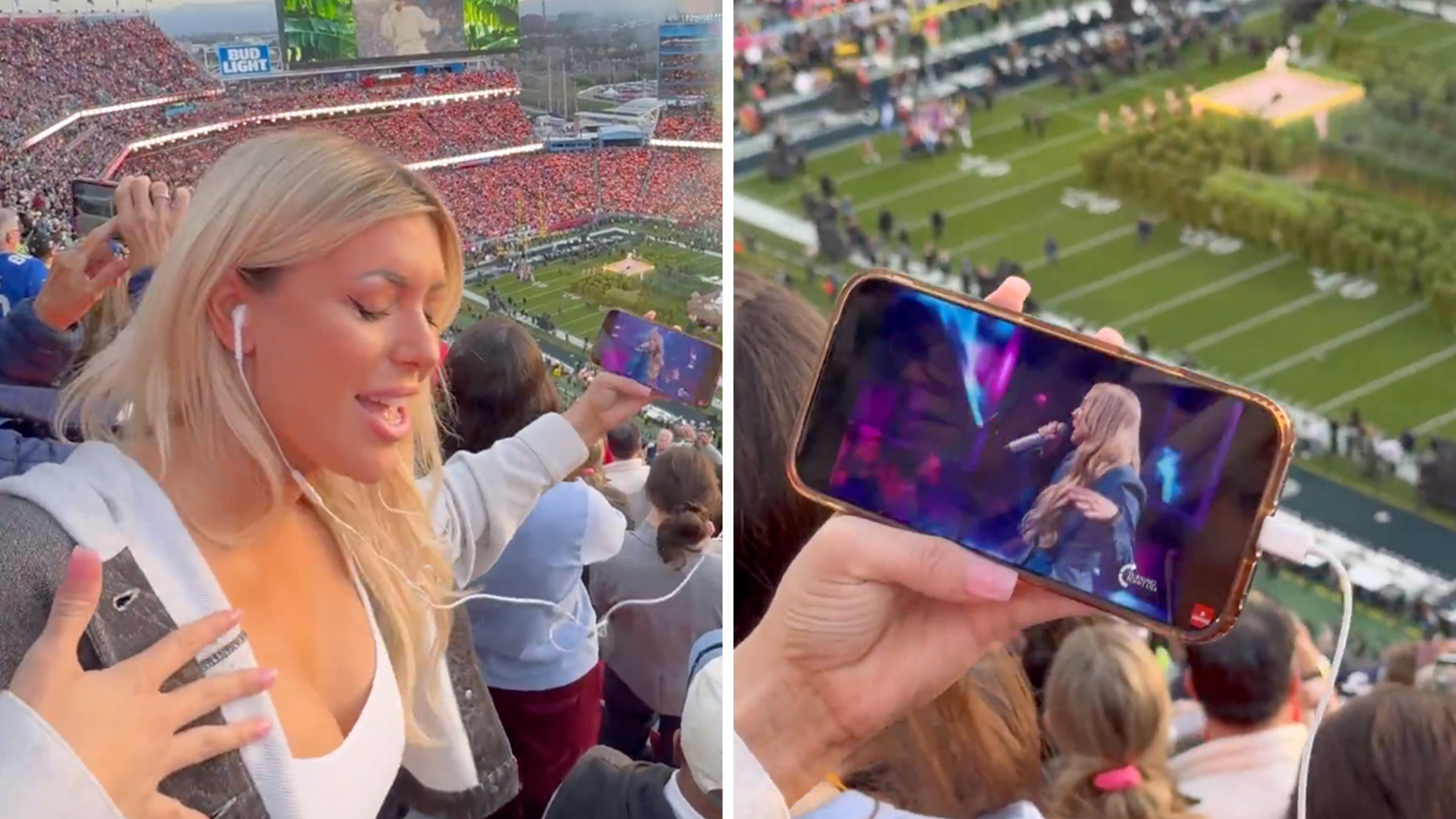 Left: Blonde influencer stands amid a crowd of people at the Super Bowl wearing wired headphones and watching a video on her phone during Bad Bunny's halftime show performance.