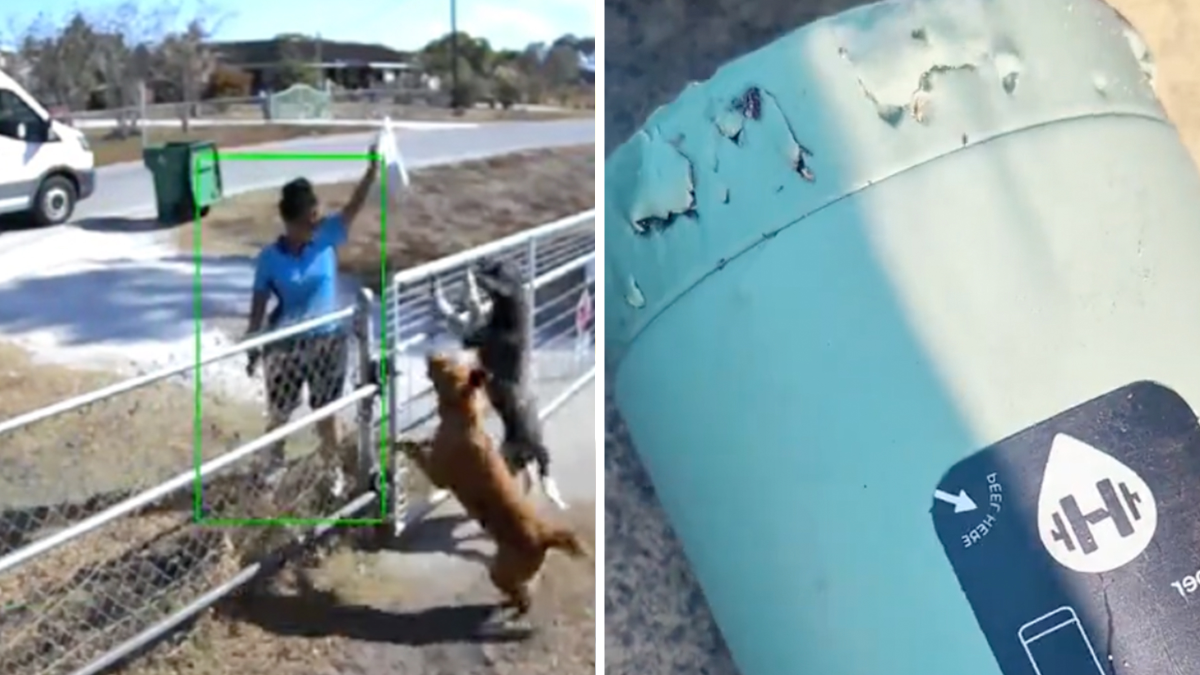Left: Screenshot from grainy footage of Amazon delivery driver dropping package over a fence as two large dogs jump up at her. Right: Bitten-up blue Hydroflask.