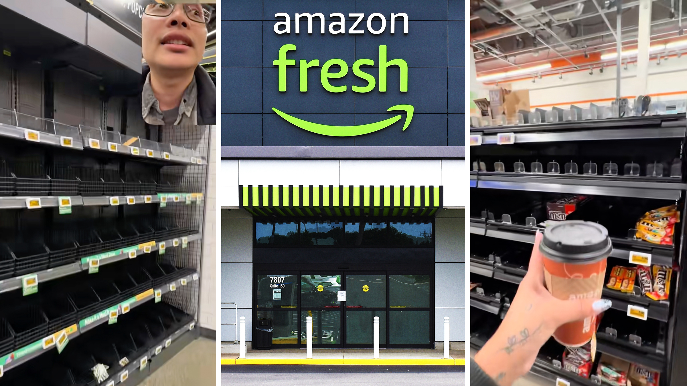 3 Panel: Left: Empty shelves at an Amazon Go store. Middle: Amazon Fresh storefront. Right: Woman's hand holding a coffee cup while pointing to empty candy shelves inside of an Amazon Fresh store.