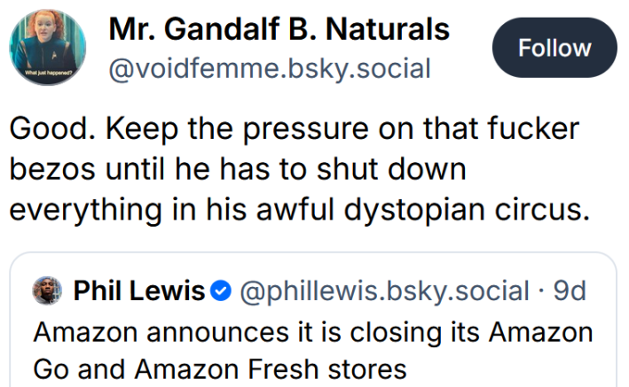 Bluesky post reading "Good. Keep the pressure on that fucker bezos until he has to shut down everything in his awful dystopian circus."
