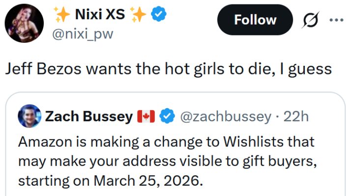 Tweet reading "Jeff Bezos wants the hot girls to die, I guess"