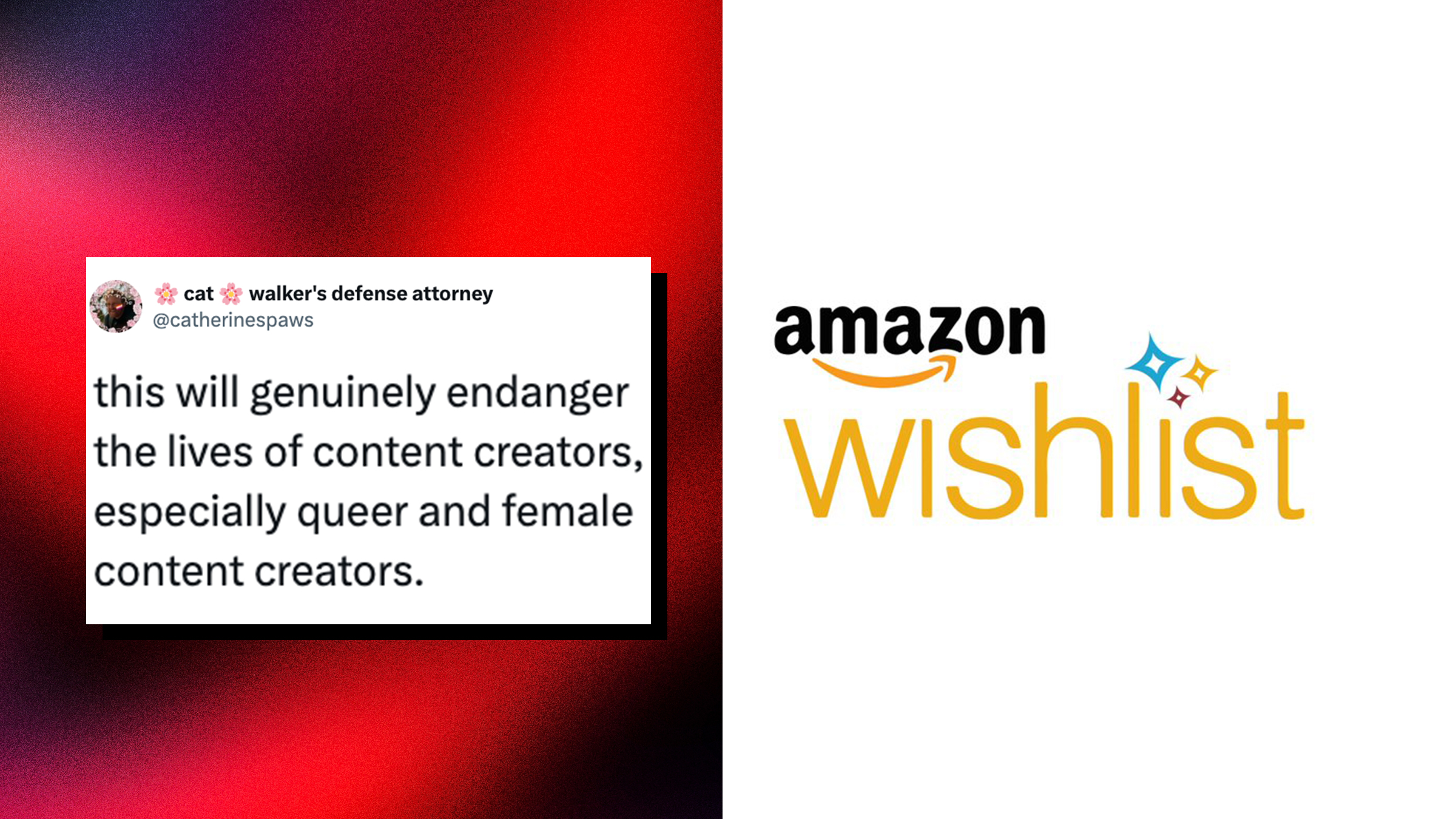 Left: Red and black gradient backround, tweet overlay reads, "this will genuinely endanger the lives of content creators, especially queer and female content creators." Right: Amazon Wishlist logo.