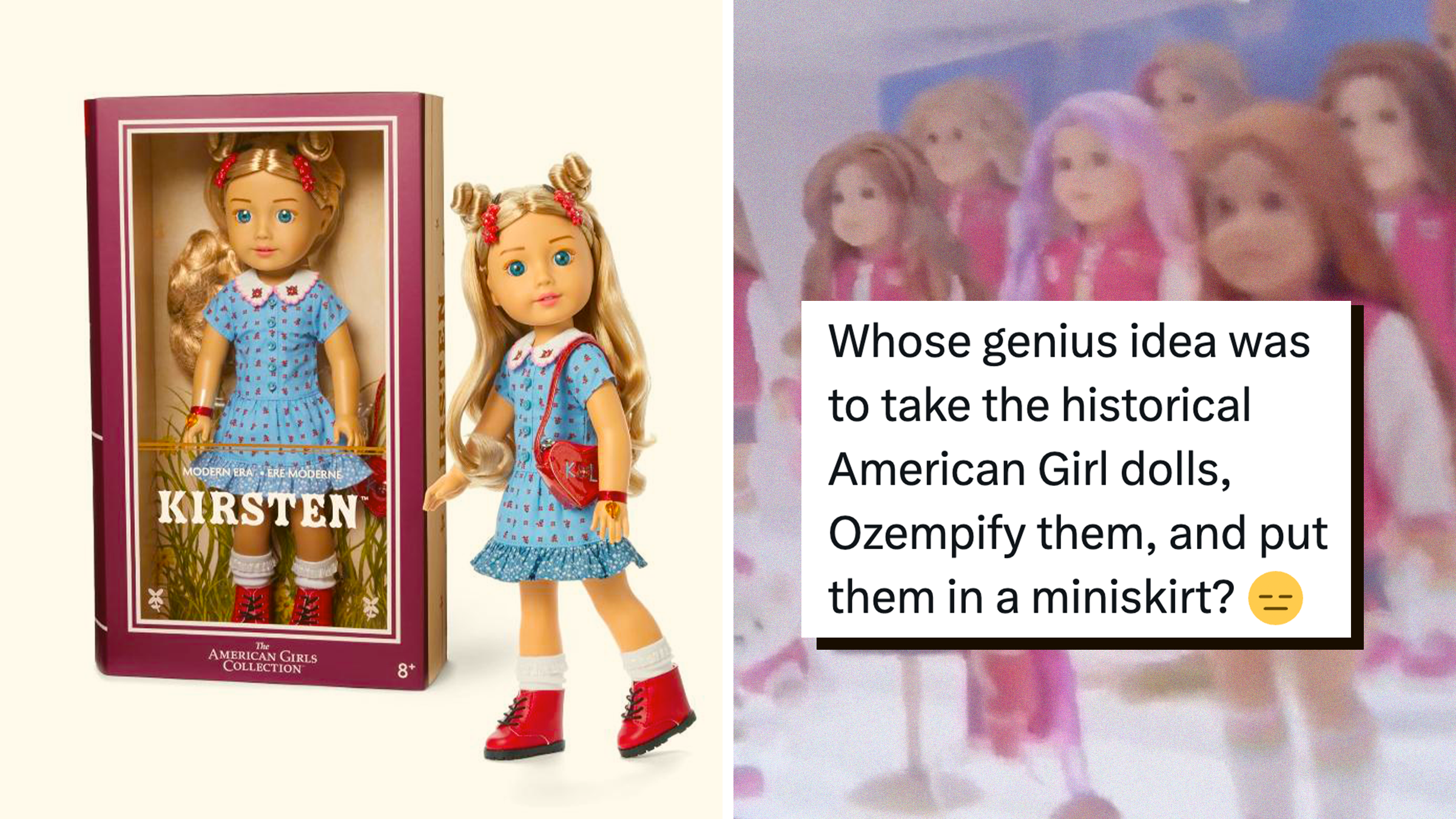 American Girl doll Kristen who has been "modernized" into a dress and boots