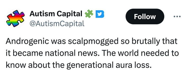 Tweet that reads, "Androgenic was scalpmogged so brutally that it became national news. The world needed to know about the generational aura loss."