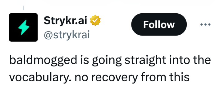 Tweet that reads, "baldmogged is going straight into the vocabulary. no recovery from this"