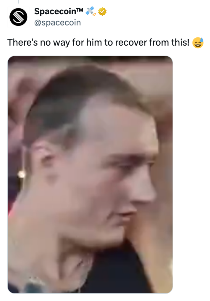 Tweet that reads, "There's no way for him to recover from this! 😅" with a screenshot of his bald head.