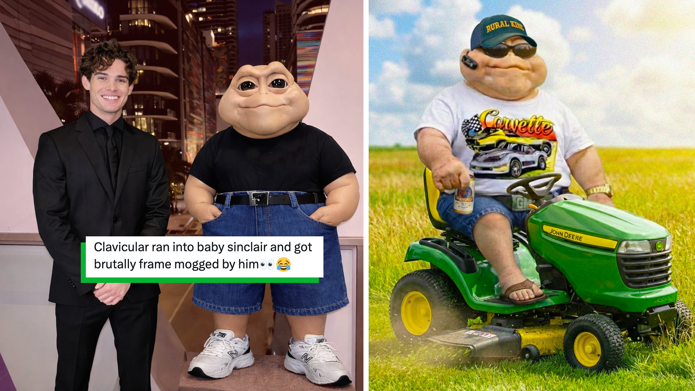 L: Clavicular and Baby Sinclar, R: Baby Sinclair riding a John Deere tractor and drinking beer