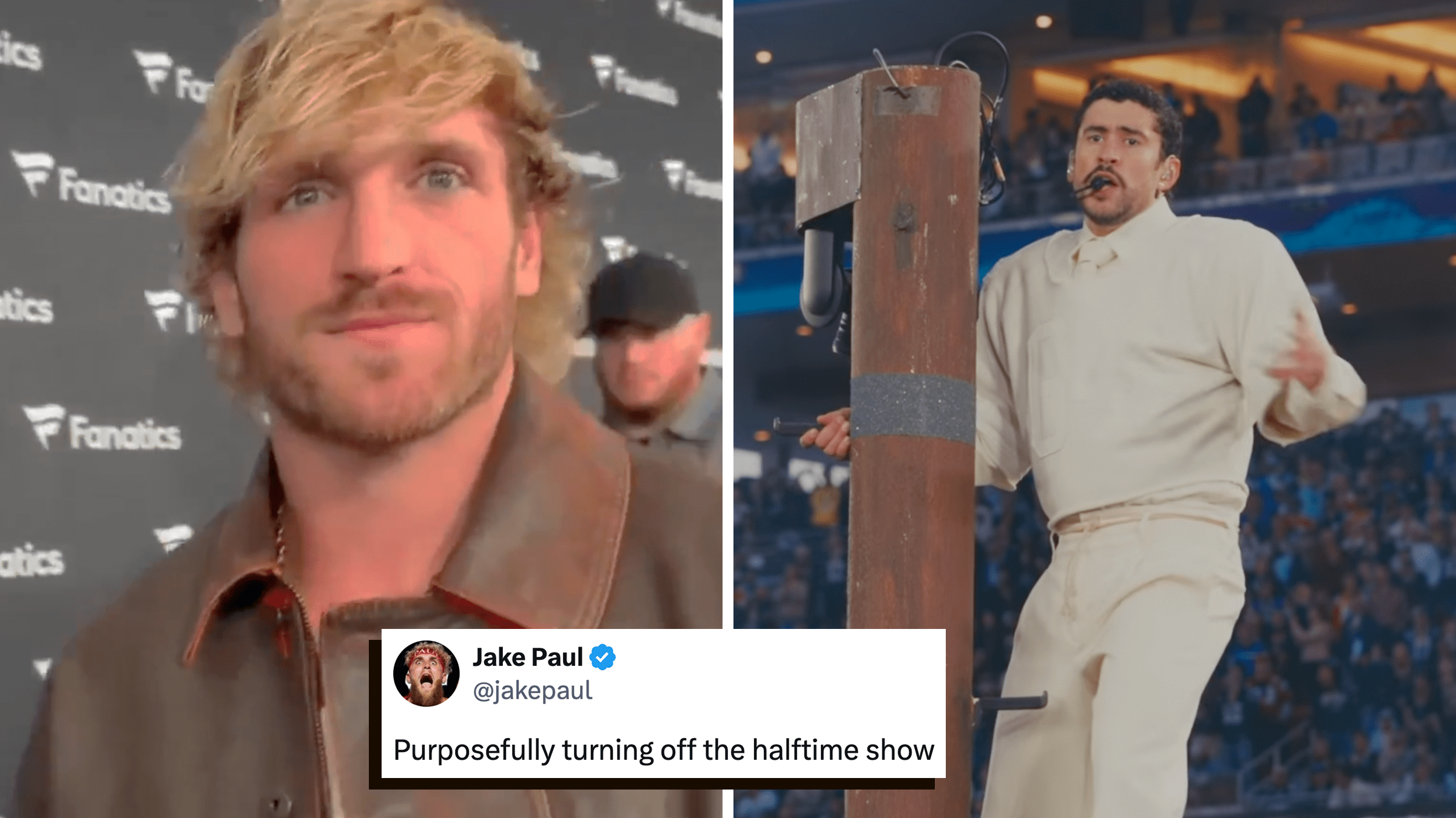 right: logan paul being interviewed. center: jake paul tweet that says he's turning off the super bowl. left: bad bunny performing at the super bowl