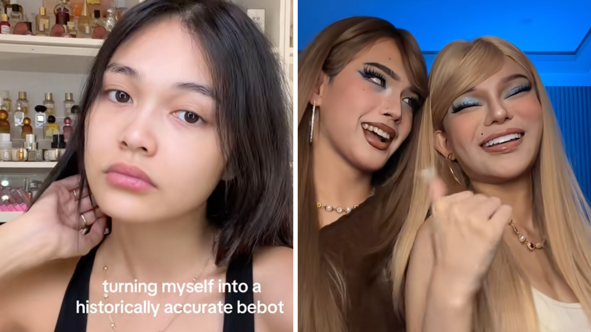 Left: Bare-faced Filipina girl looking into the camera under text reading, "turning myself into a historically accurate bebot." Right: Two women in full-face glam makeup doing the "bebot girl" TikTok trend.