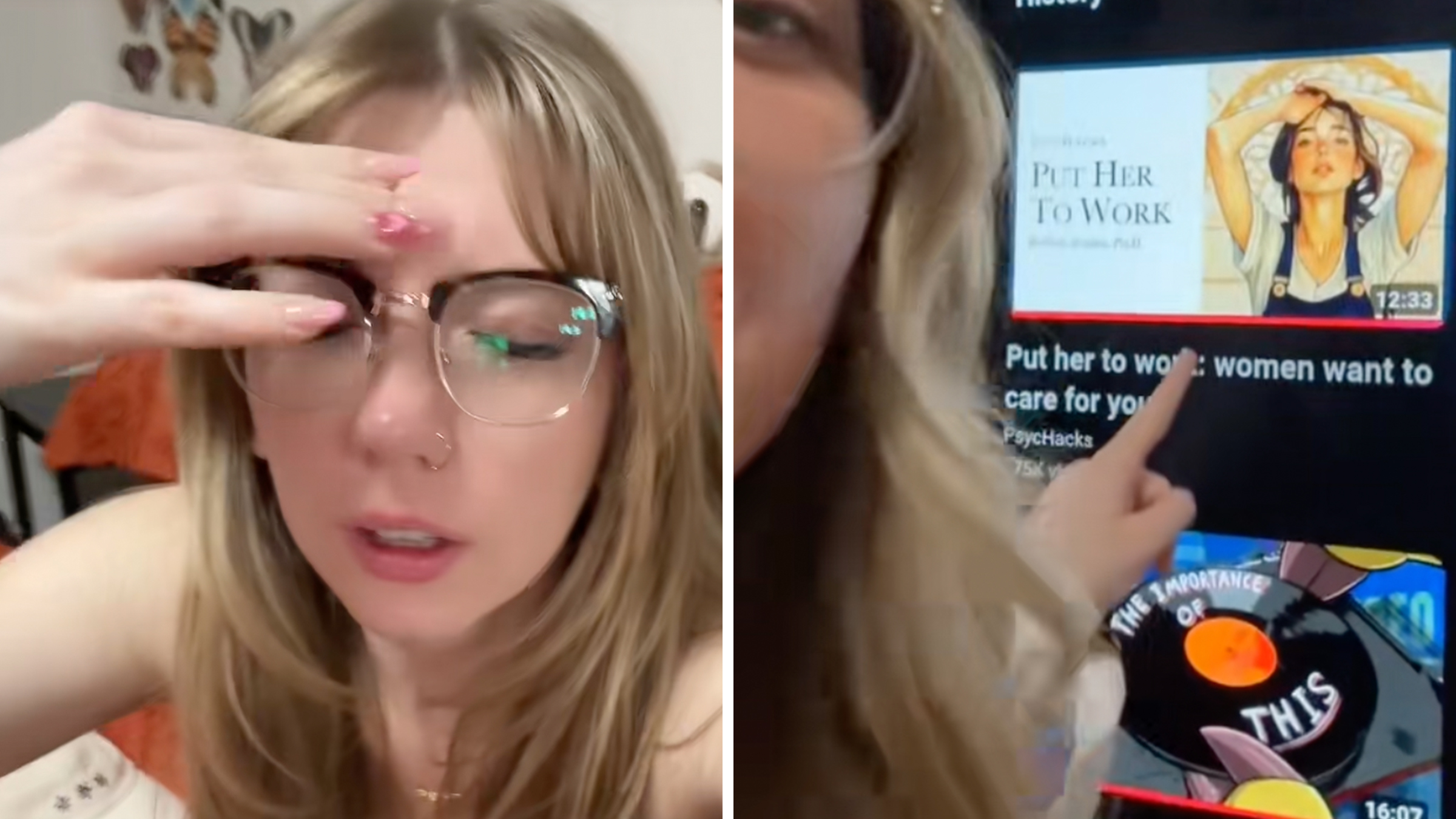 Young blonde woman pointing at a YouTube video thumbnail on a computer screen.