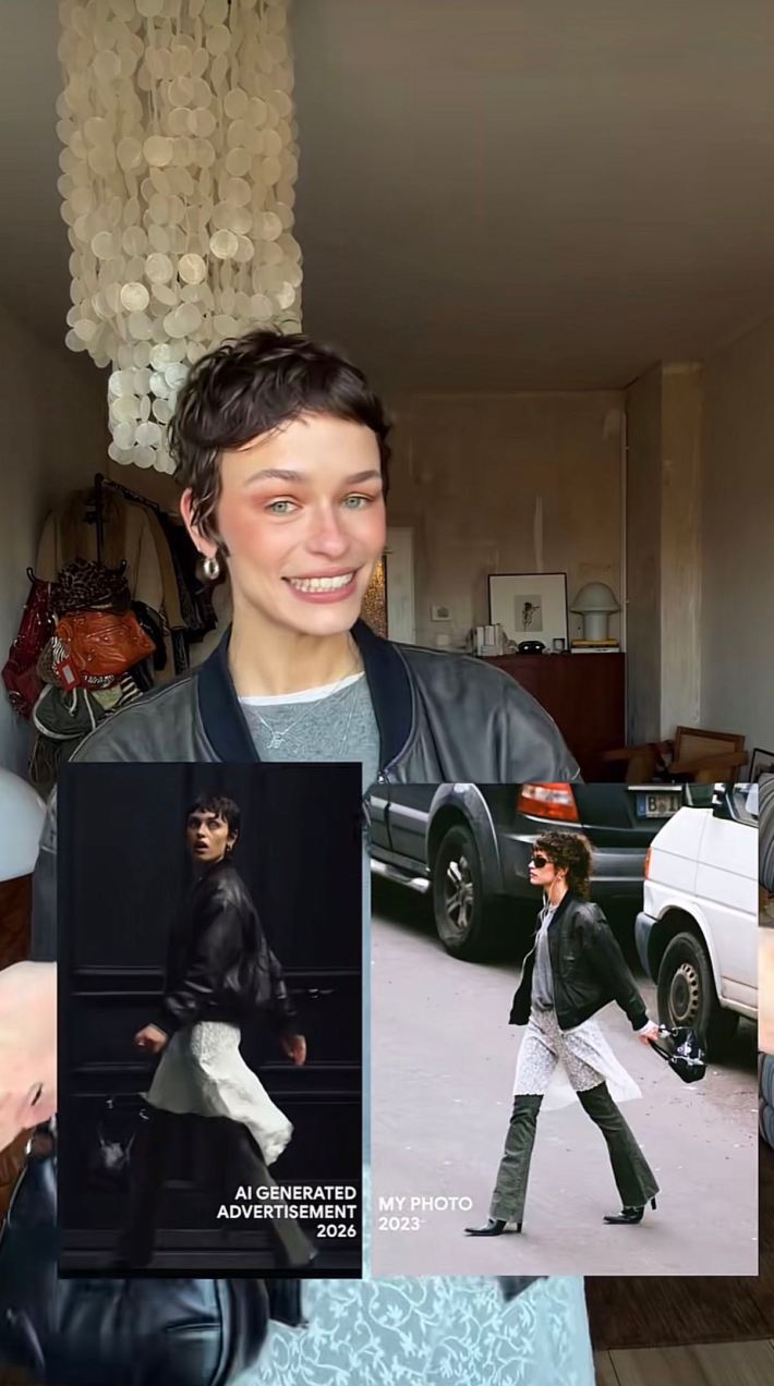 Model on TikTok showing side by side images of an AI generated ad using her likeness and a photo taken of her in 2023.