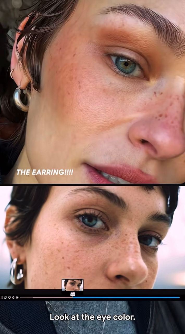 Model with her face close to the camera, showing how an AI generated version of her was used, down to the freckles and earring, though her eye color was altered.