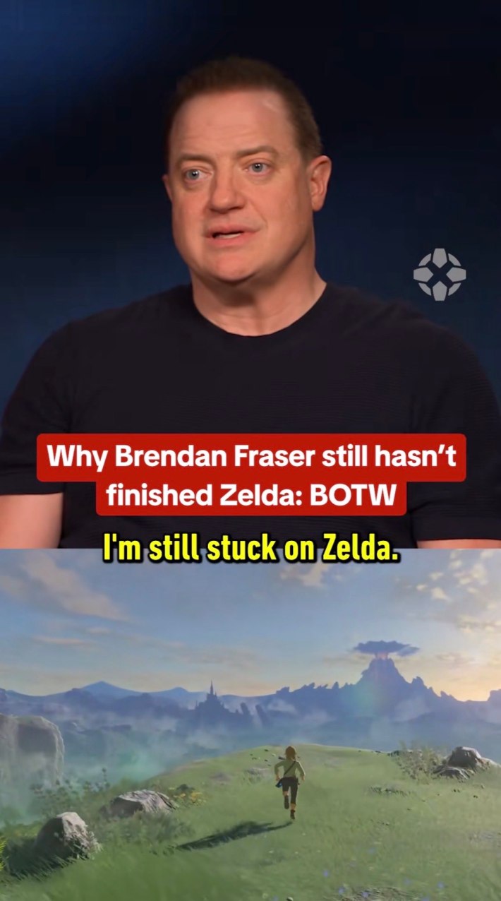 Split screen of Brendan Fraser in an interview and Link running around in Zelda BOTW. Text overlay reads, "Why Brendan Fraser still hasn't finished Zelda: BOTW. '"I'm still stuck on Zelda.'"