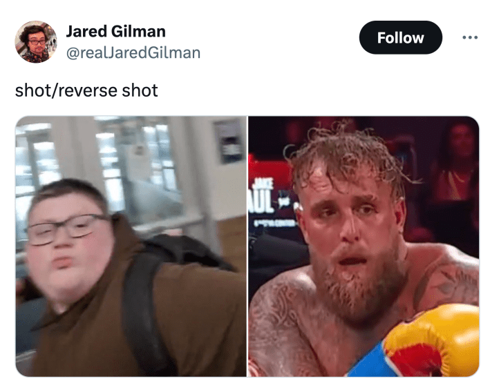 Brown hoodie kid punching meme. text reads, "shot/reverse shot"