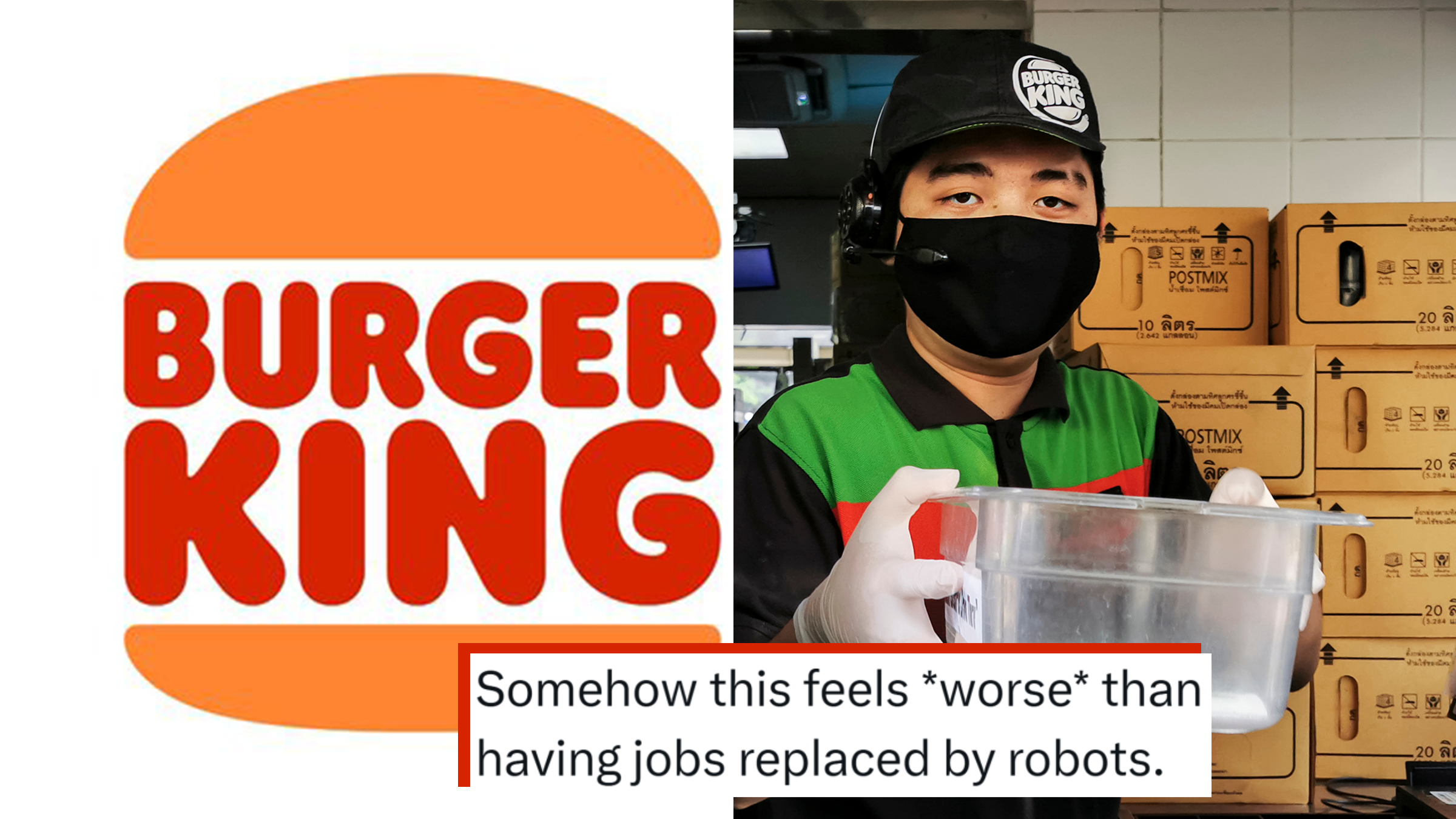 Left: Burger King logo. Right: Burger King drive-thru worker wearing a face mask and headset.