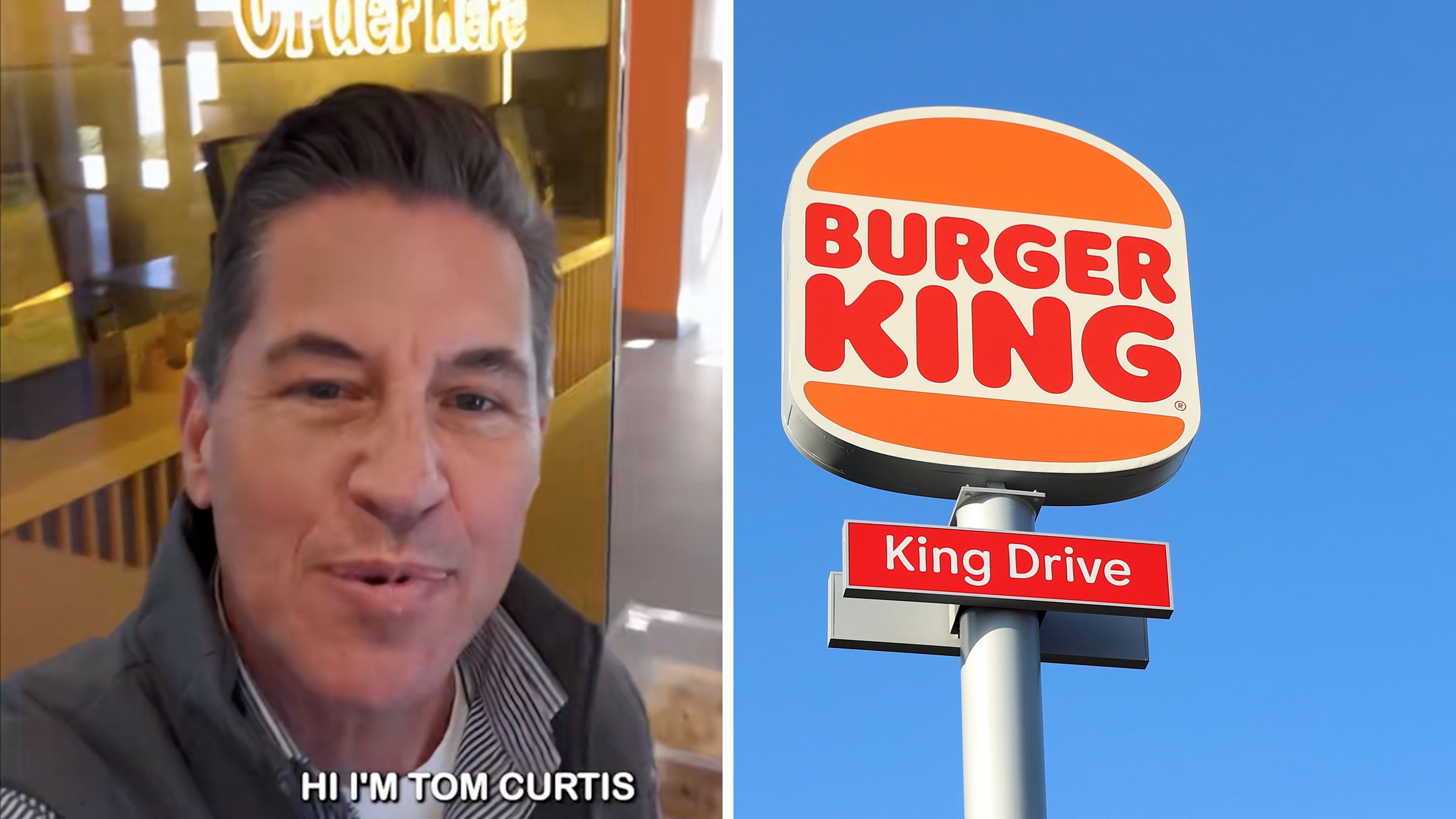 Left: Burger King President Tom Curtis inside of a Burger King restaurant. Right: Signboard with the logos of Burger King and its brand King Drive against blue cloudless sky.