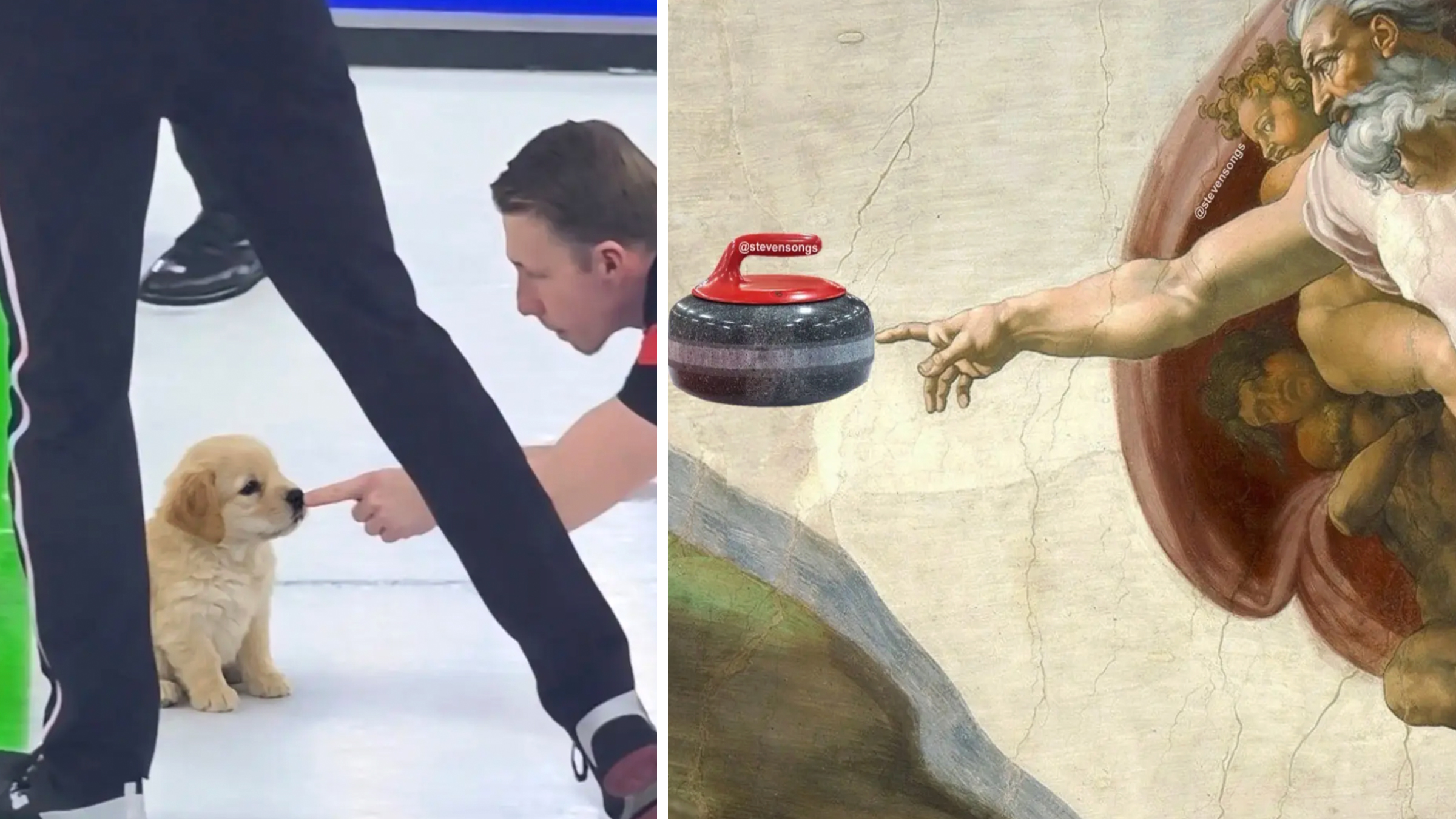 Left: Canadian curler Marc Kennedy pointing his finger and touching the nose of a Golden Retriever puppy edited in place of a curling stone on the Olympics ice. Right: Michaelangelo's "The Creation of Adam" painting, with a curling stone edited in place of Adam's finger.