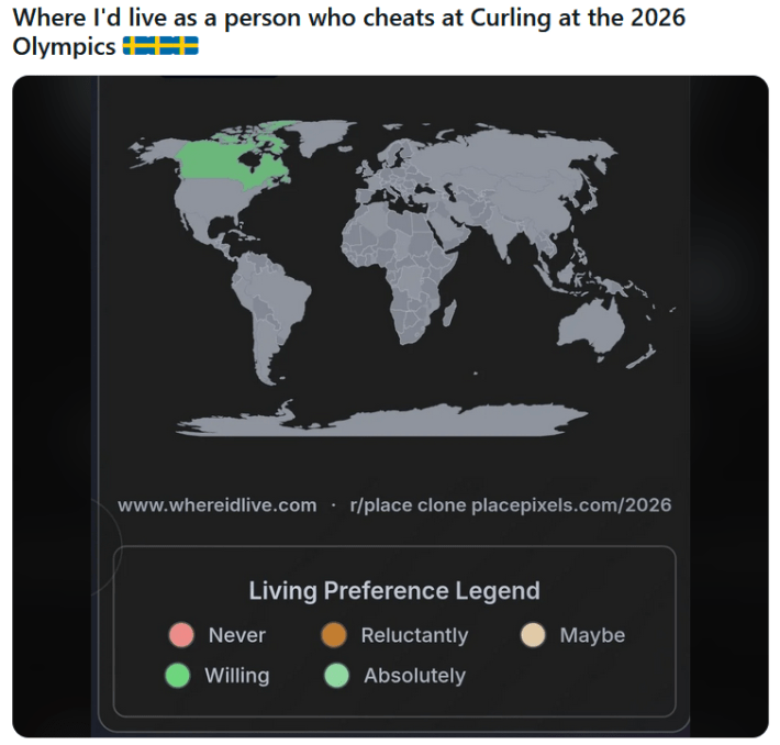 Living preference map with a caption reading "Where I'd live as a person who cheats at Curling at the 2026 Olympics"