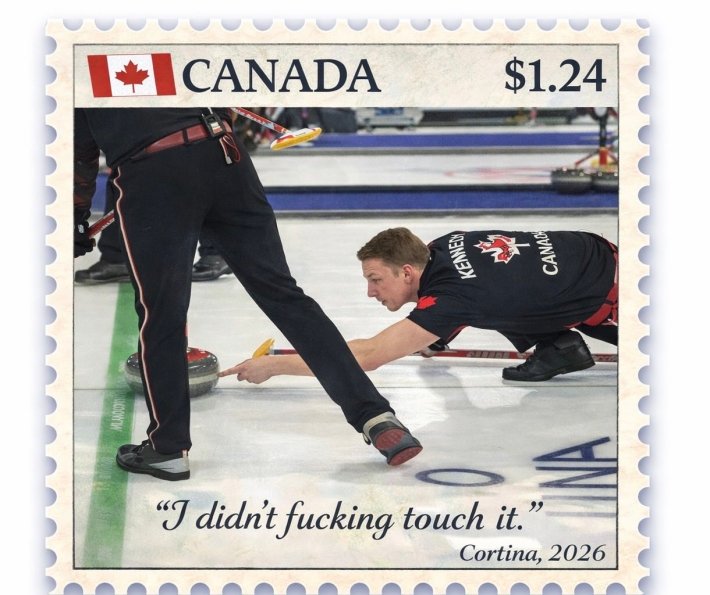 A Photoshopped Canadian stamp with Marc Kennedy touching the curling stone.