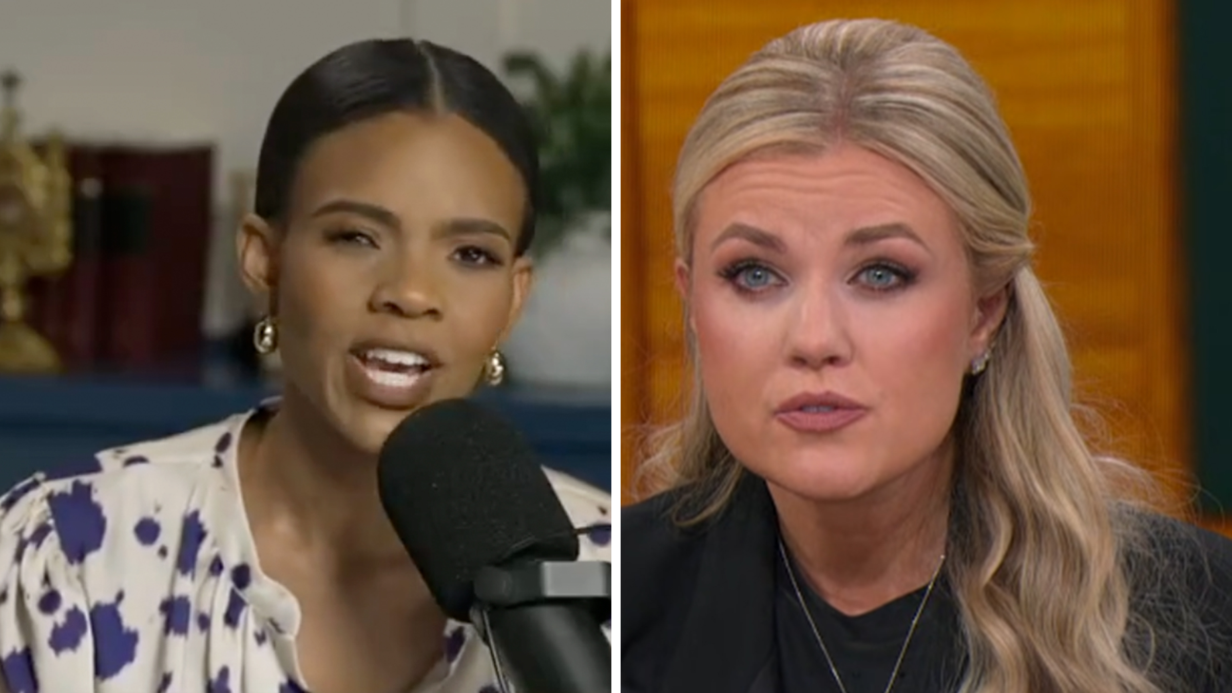 Left: Candace Owens speaking into a microphone while on a laptop. Right: Erika Kirk during a town hall in a black suit.