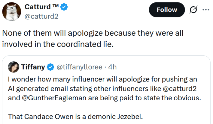 Tweet reading "None of them will apologize because they were all involved in the coordinated lie."