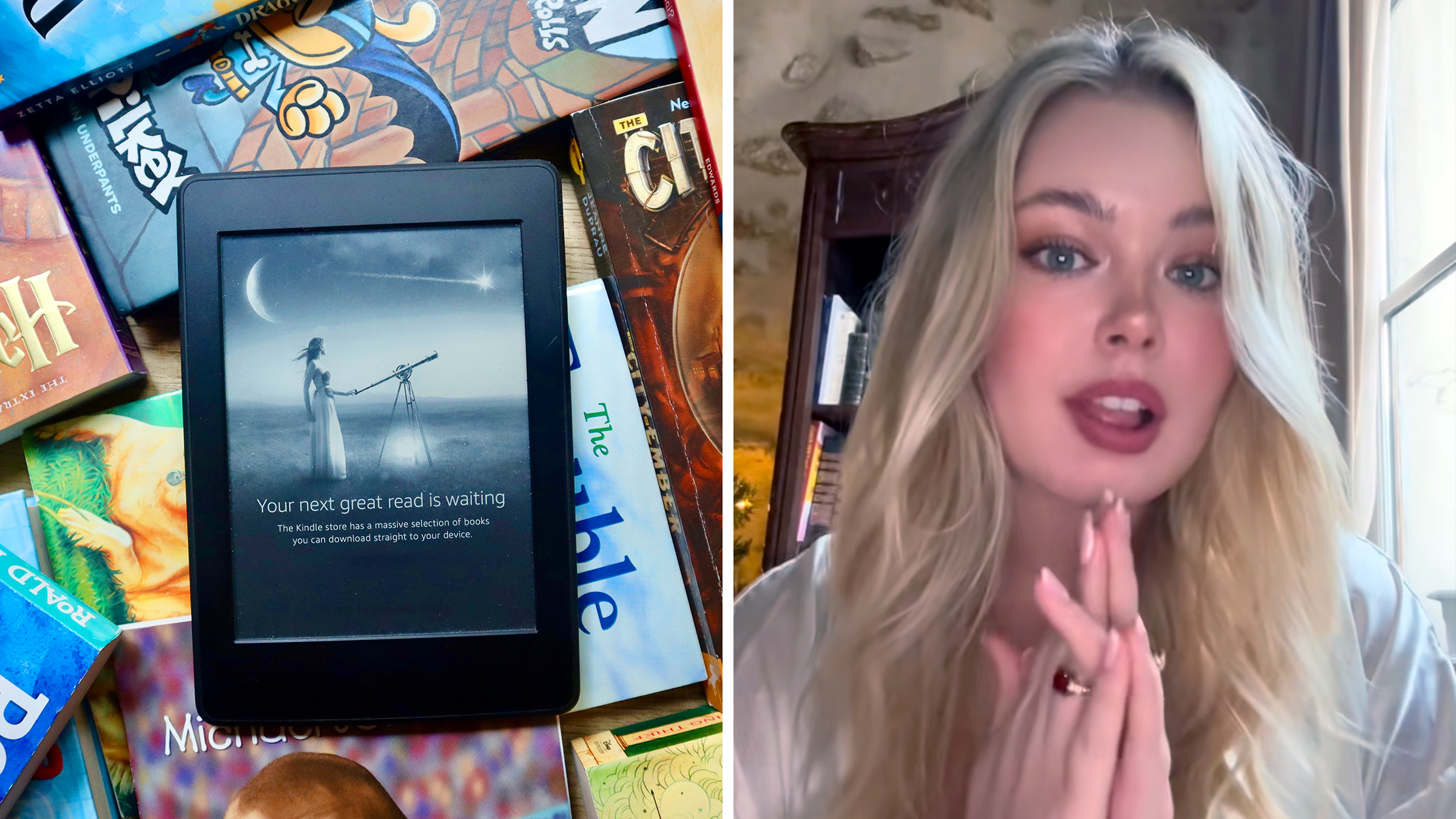 a kindle next to a woman speaking