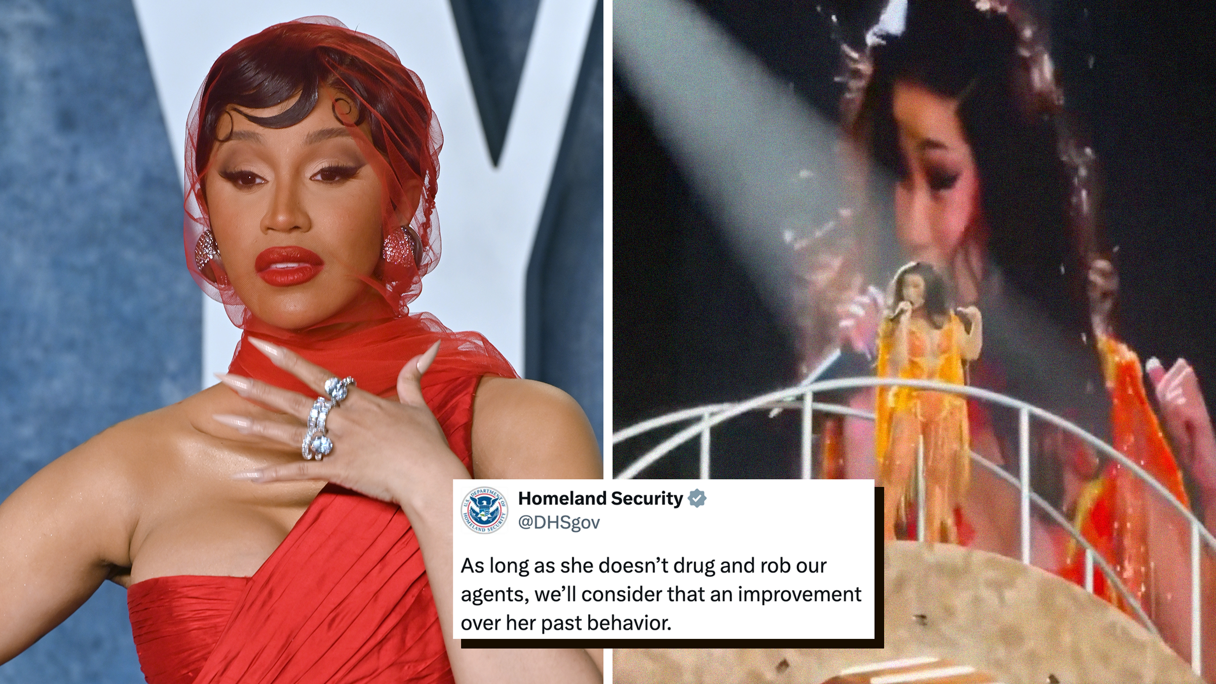 photos of cardi b and a tweet from DHS that says "As long as she doesn’t drug and rob our agents, we’ll consider that an improvement over her past behavior."