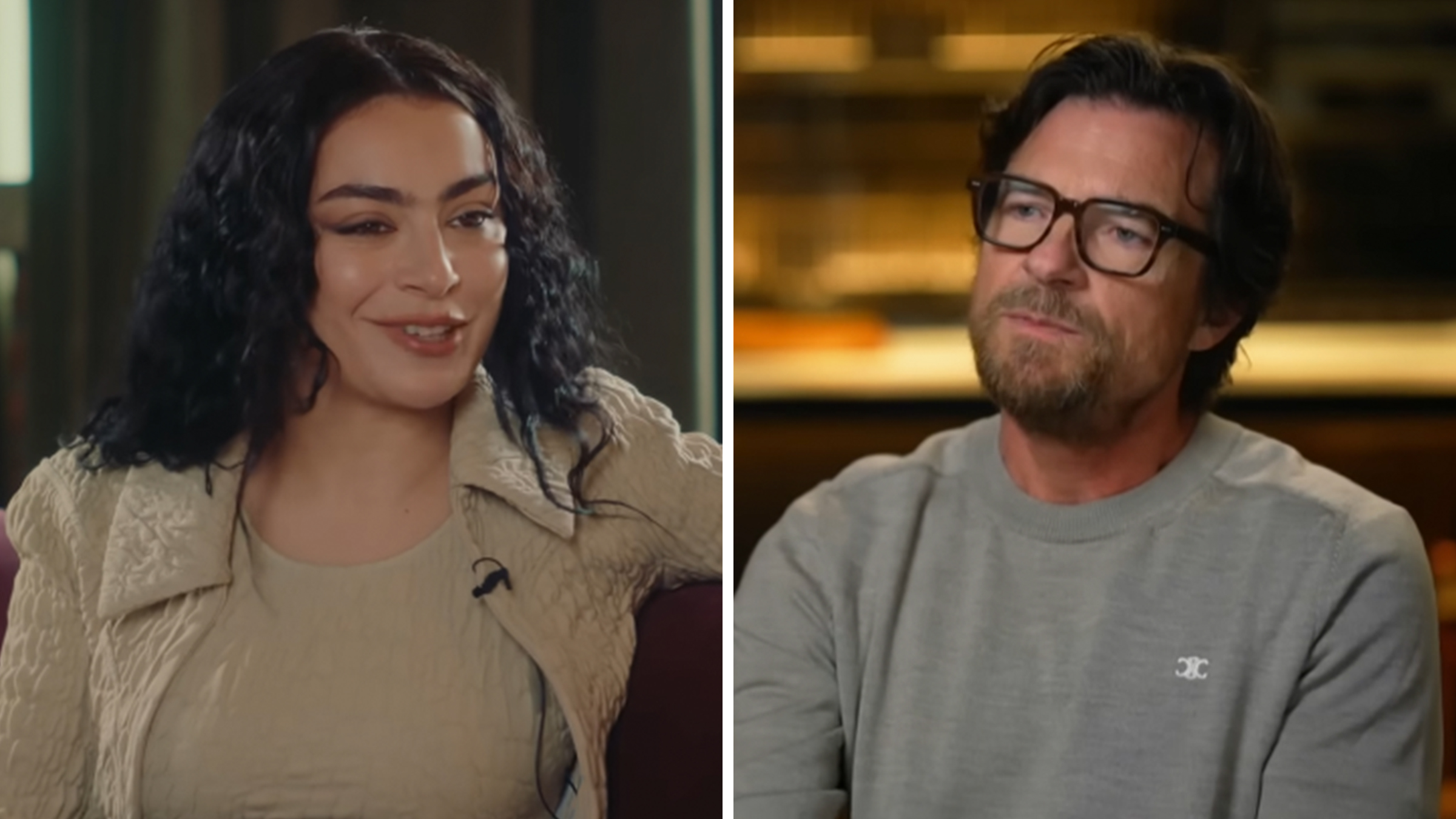 Left: Pop star Charli XCX sitting on a couch during an interview. Right: Jason Bateman in a gray crewneck sweater and glasses, sitting during an interview.