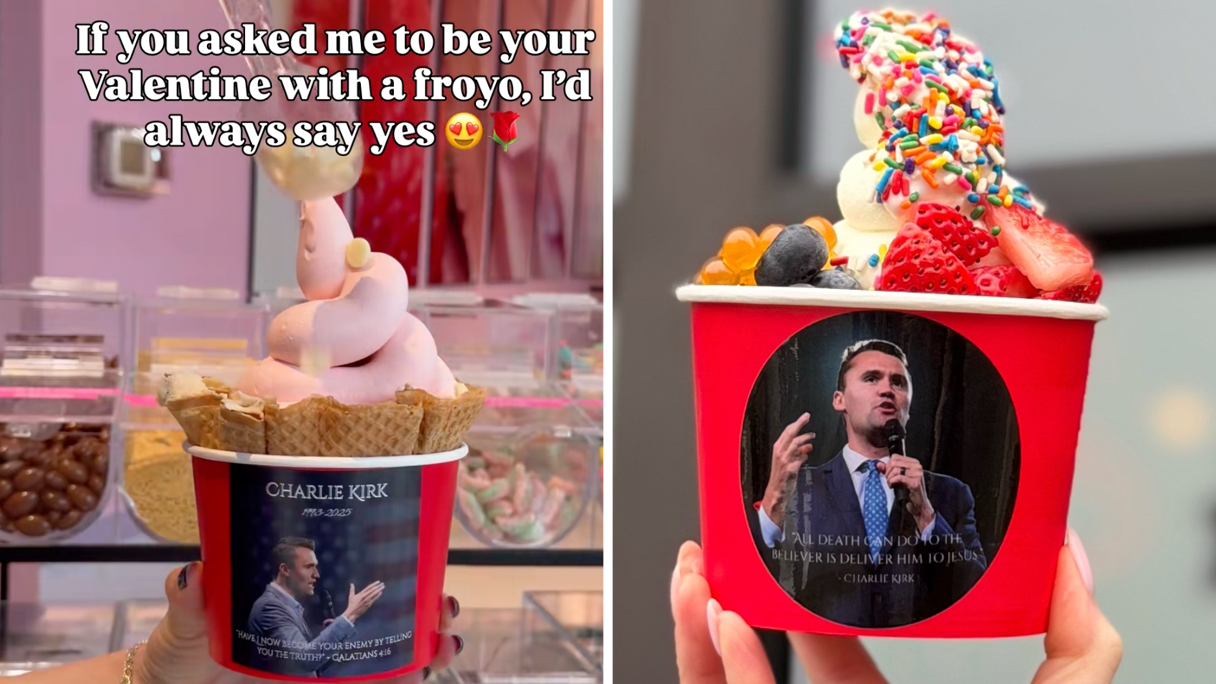 Frozen yogurt cup from Grooveberries Frozen Yogurt in Idaho, commemorative stickers of Charlie Kirk glued to the cups.