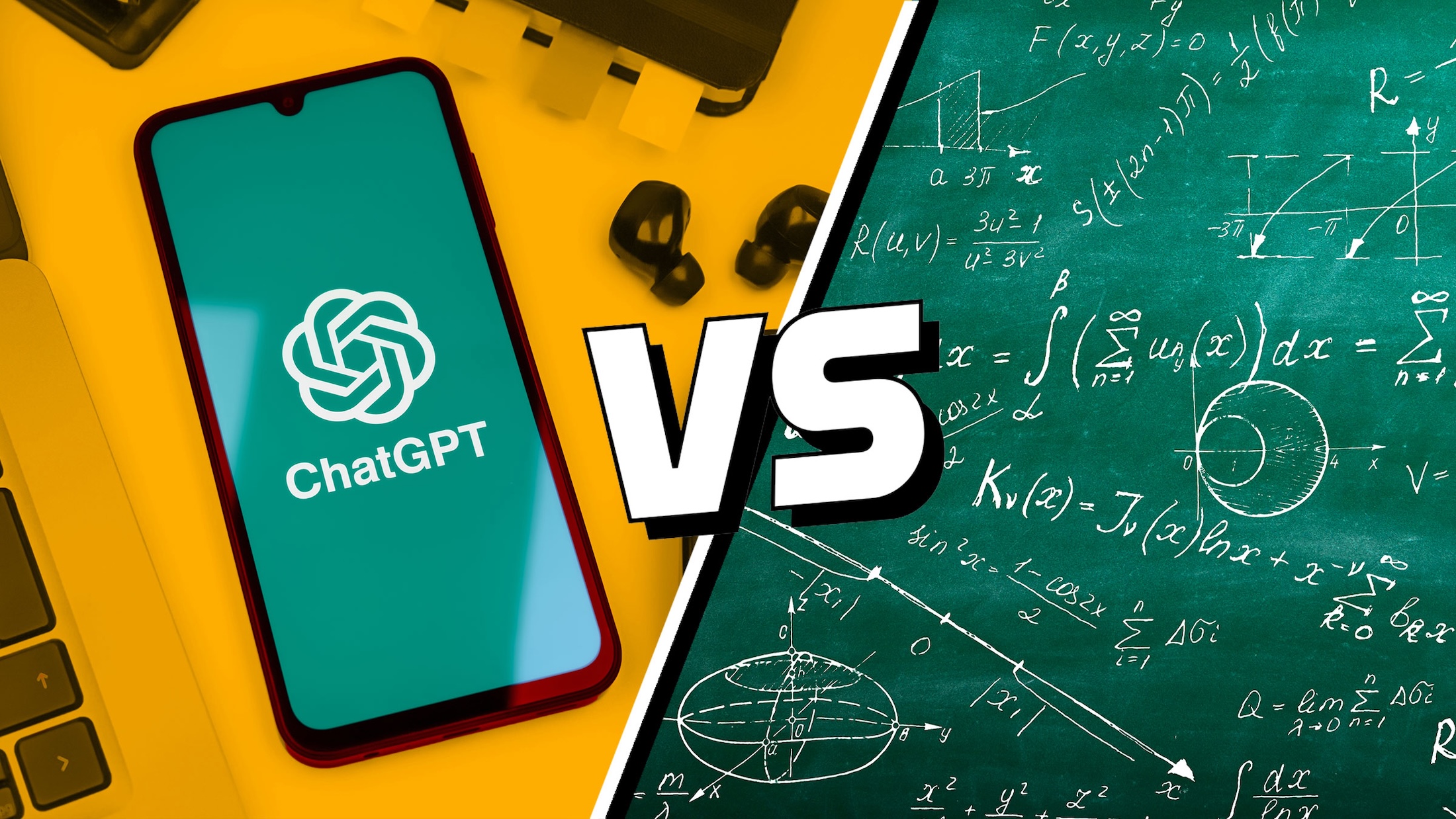 chat gpt logo on a phone next to a school chalkboard with numbers on it