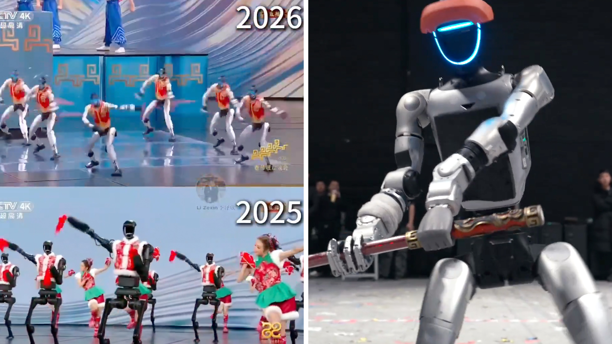 Left: Top half shows China's Lunar New Year robots dancing in 2025, bottom half shows China's Lunar New Year robots dancing in 2026. Right: China Unitree Robot holding katana during Chinese Spring Festival Gala.