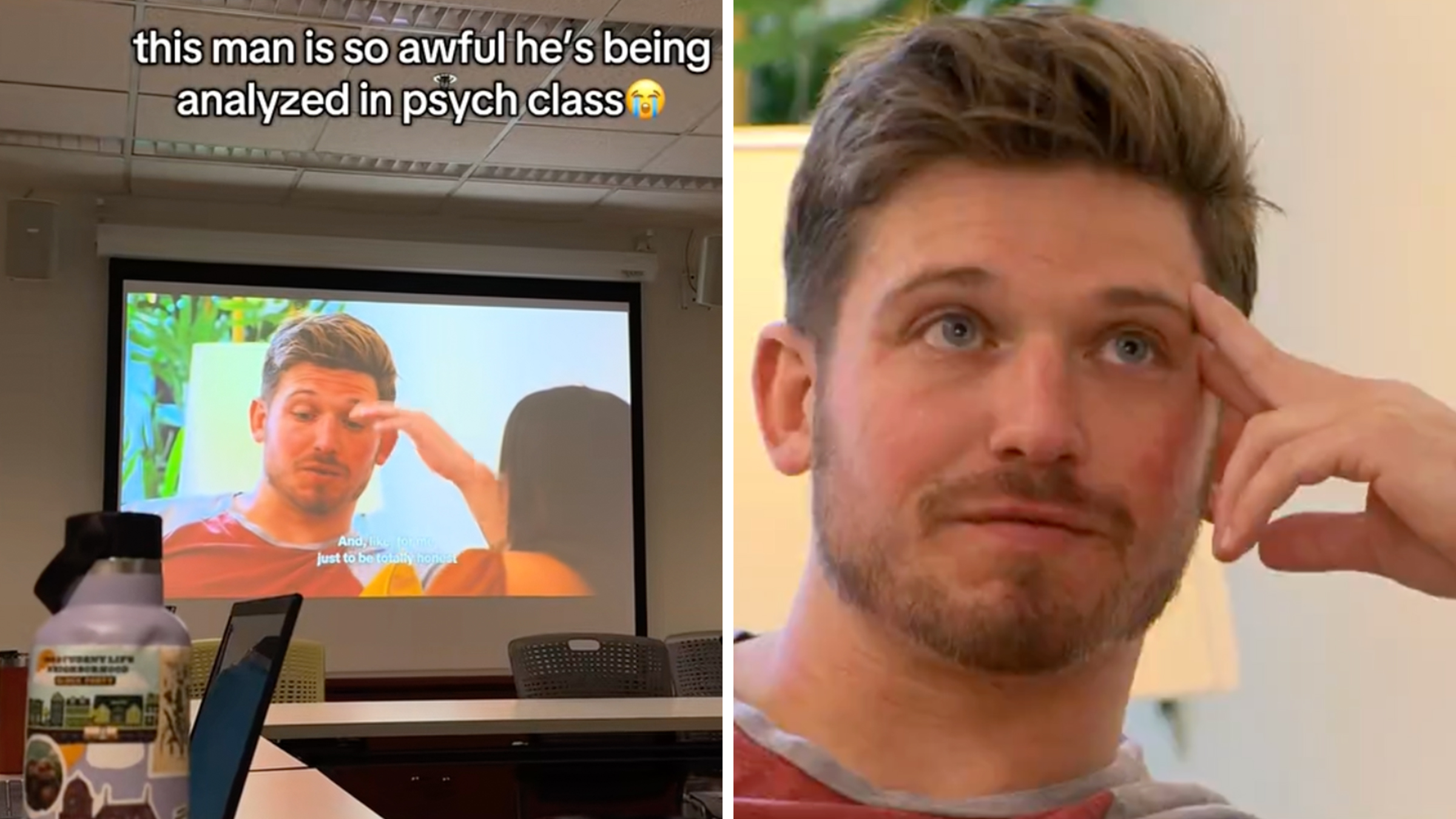Left: Scene from "Love Is Blind" Netflix show Season 10, featuring conversation between contestants Chris Fusco and his fiancee Jessica Barrett.