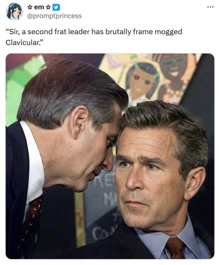 Photo of President Bush being told about the Twin Towers. Text in quotes reads, "Sir, a second frat leader has brutally frame mogged Clavicular."
