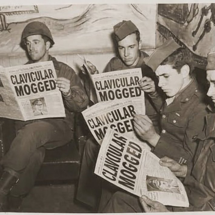 Historic photo of soldiers holding newspapers. The headline "Hilter Dead" is replaced by "Clavicular Mogged."