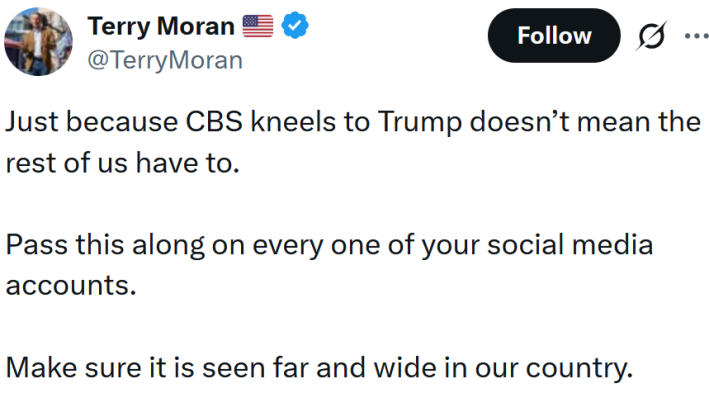 Tweet reading "Just because CBS kneels to Trump doesn’t mean the rest of us have to. Pass this along on every one of your social media accounts. Make sure it is seen far and wide in our country."