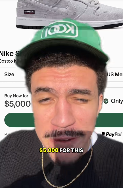 TikTok video with a man showing a Kirkland Signature x Nike SB Dunk Low Pro QS reseller page offering the shoes for $5,000.