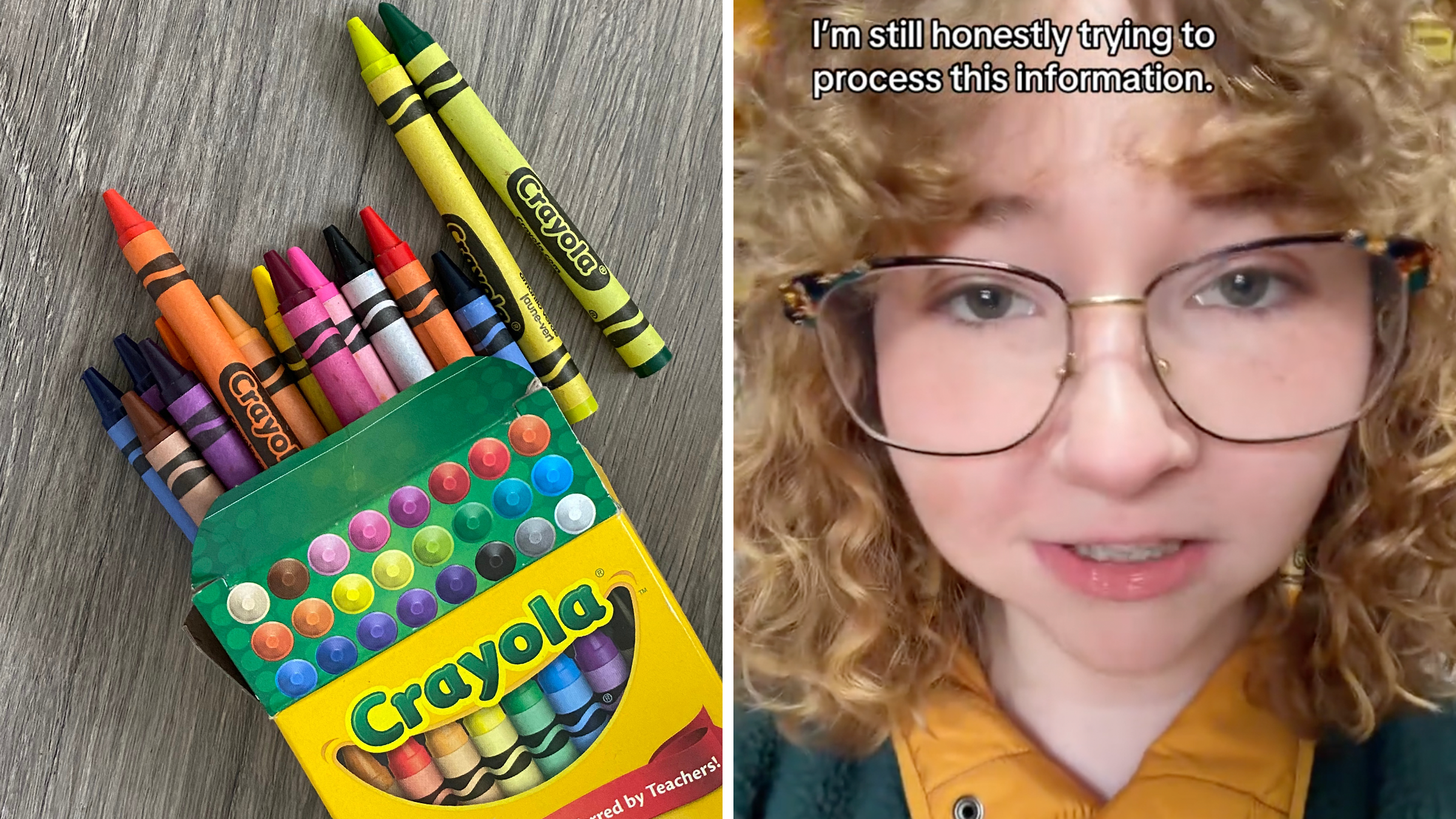 L: box of crayola crayons; R: woman saying she is processing