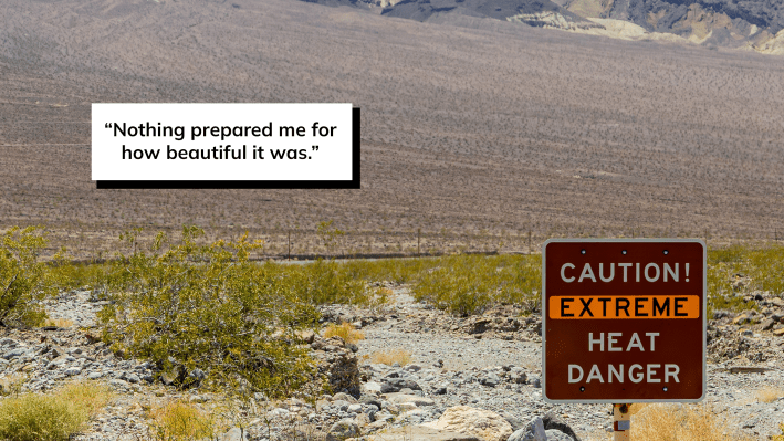 death valley mountains and sand with a sign that reads "caution extreme heat danger"